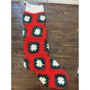 Vintage Granny Square Crochet Christmas Stocking Red Green 70s 80s